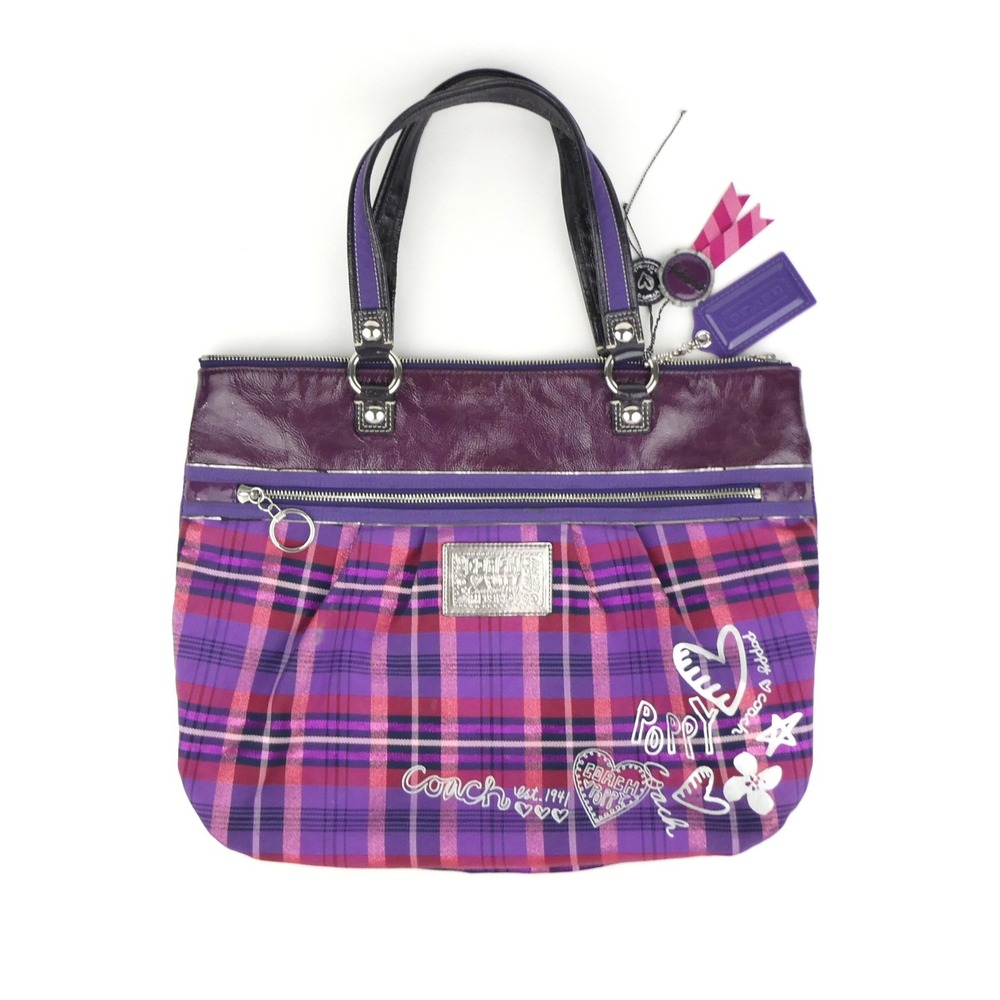 Coach Poppy Purple Plaid Large Shoulder Bag Tote 15886